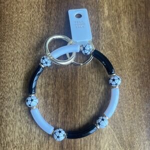 Tell Your Tale Soccer Bead Keychain Bracelet Wristlet Black White Gold Tone NWT